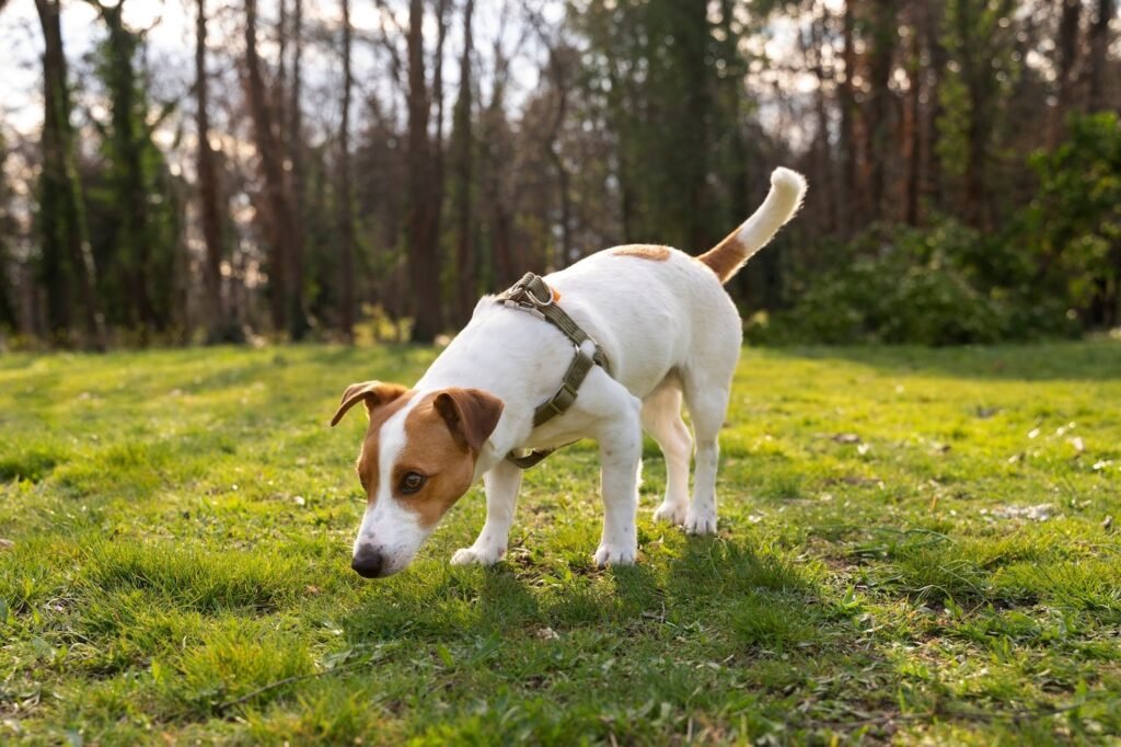 A cute dog sitting on the grass in a park, with a reminder for owners to clean up dog poop and keep nature clean.