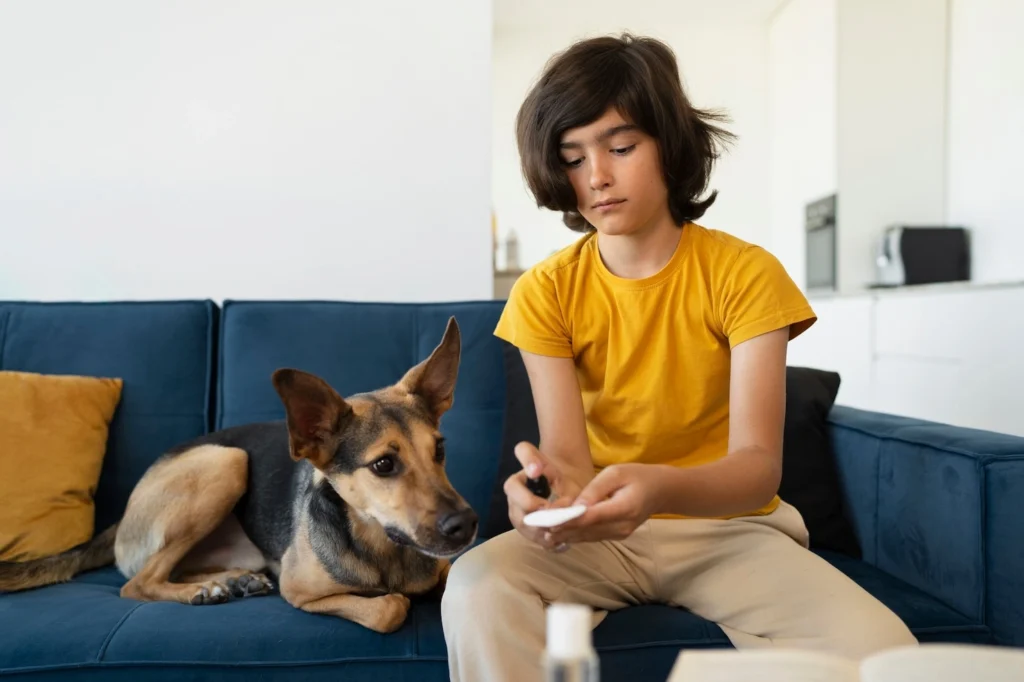 Kid cleaning dog yard with recurring pet waste cleanup provider service