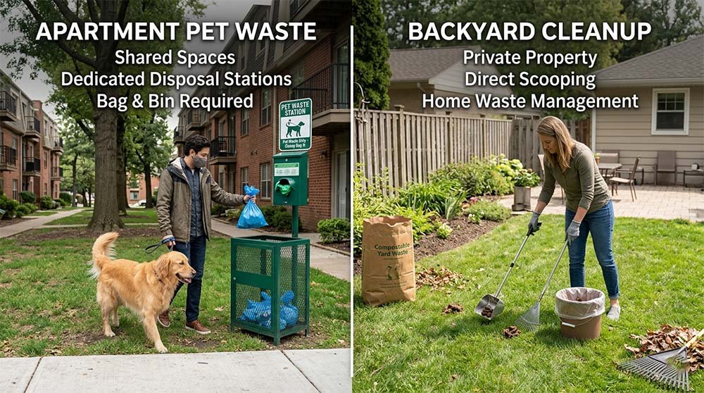 Infographic comparing apartment pet waste removal in shared community spaces versus residential backyard dog poop scooping services.