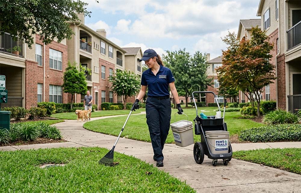 Professional pet waste removal technician cleaning up dog poop from the lawn of an apartment complex using a rake and service cart.