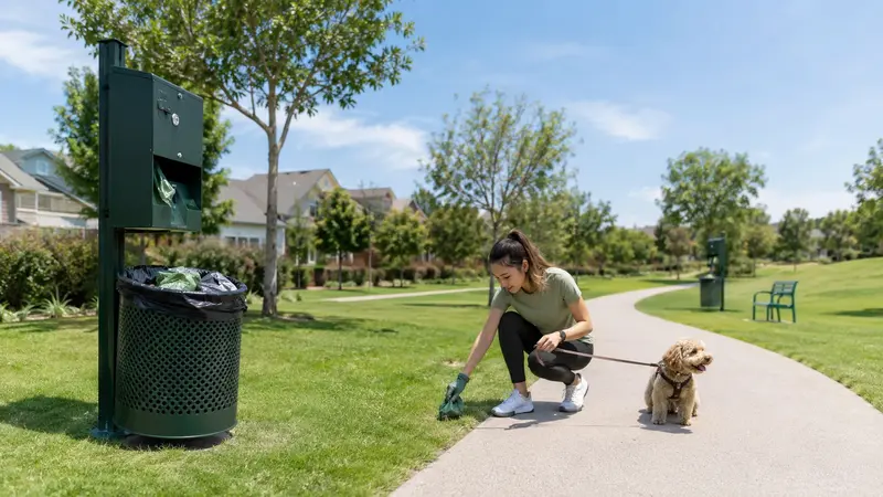 Pet waste removal in Pittsburgh by Dookie Doctors, showing a dog owner cleaning up after their pet beside a well-maintained waste station in a clean neighborhood park.