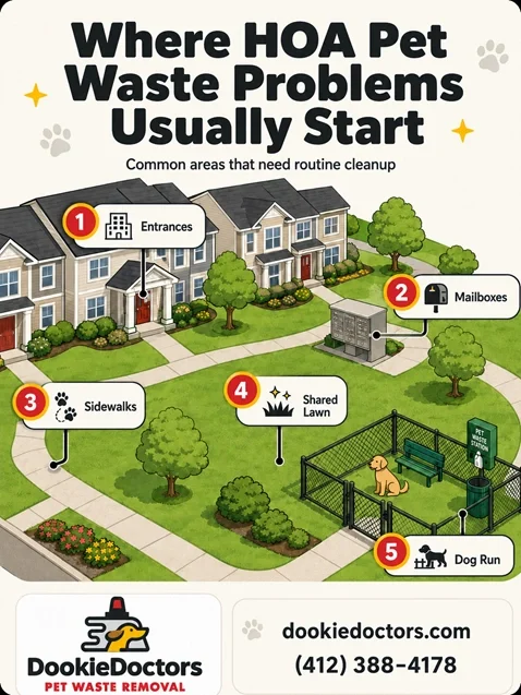 Infographic showing common HOA pet waste problem areas including entrances, mailboxes, sidewalks, shared lawns, and dog runs - Dookie Doctors Pet Waste Removal Pittsburgh