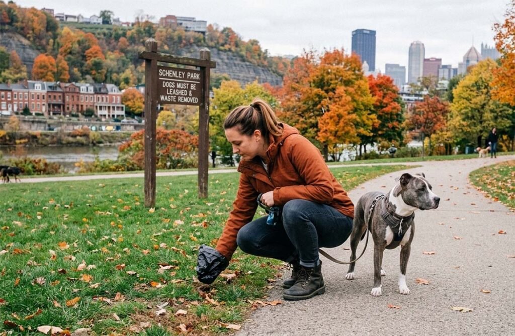 Pittsburgh dog poop laws illustrated by a dog owner picking up pet waste in Schenley Park while walking her leashed dog.